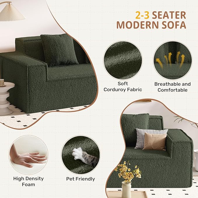 75'' Cloud Loveseat Sofa No Assembly Required Comfy Deep Seat Couches 1 pcs for Living Room Bedroom Apartment(Teddy Fabric-Green)