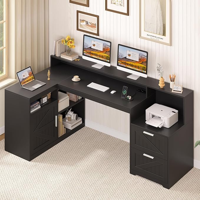 TVU Farmhouse L Shaped Desk with Drawers 62.2 Home Office Desk with Storage Shelves and Power Outlet L Shaped Computer Desk with Monitor Stand and Printer Shelf Black