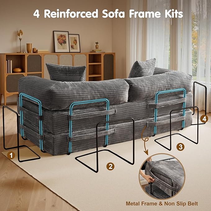 81″ Convertible Sleeper Sofa Bed with Pillows Corduroy Foldable Mattress Couch with Fixed-Shape Frame Futon Sofa Bed Boneless Couch for Living Room Bedroom Lounge Studio Gray