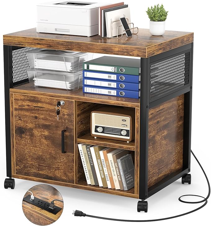 Unikito Rolling File Cabinet Lateral Filing Cabinet on Wheels Mobile Office Printer Stand with Door and Open Storage Shelf for A4 Letter Size and Hanging File Folders Lockable Rustic Brown