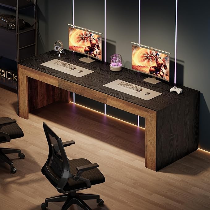 Tribesigns 78.7-Inch Long Computer Desk for 2 People Farmhouse Executive Desk with Wooden Desktop and Legs Large Workstations Writing Table Gaming Table for Home Office Heavy Duty Black + Brown
