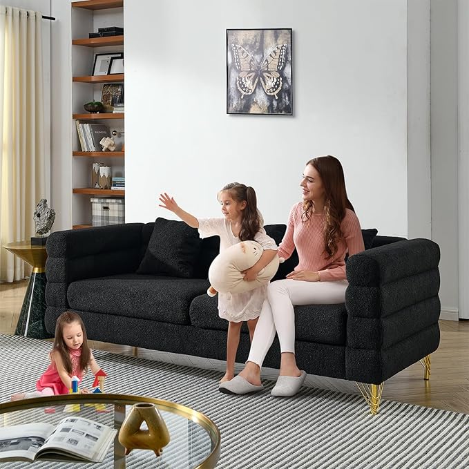 Antetek 81-inch Couches + 60-inch Loveseat Sofa for Living Room Modern Teddy Fabric Upholstered Sofa Couch with Square Arm and 4 Golden Metal Legs for Living Room Office Apartment