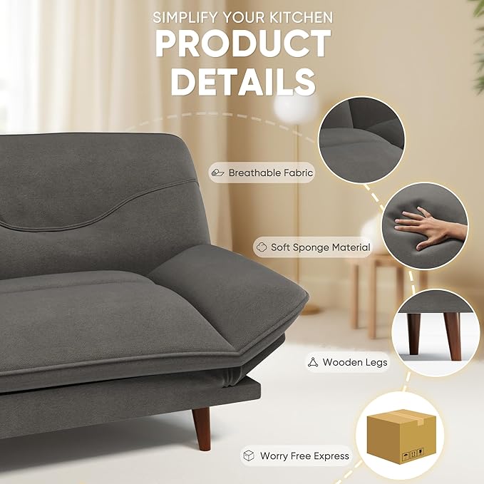 JUMMICO Convertible Futon Sofa Bed Sleeper Futon Couch with Adjustable Backrest and Armrests Modern Loveseat with Sturdy Wood Frame for Small Spaces Apartments (Fabric Dark Gray)