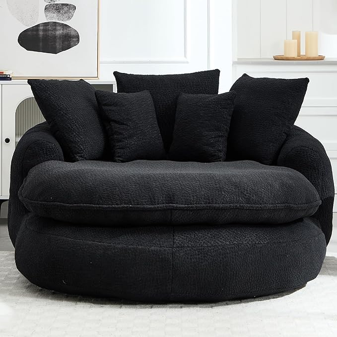 KEIKI 71 Chenille Round Boneless Sofa Couch Oversized Chaise Lounge Chair Couches Indoor No Assembly Required Floor Lazy Bean Bag Modern Sleeper Sofa Bed for Living Guest Room &amp Bedroom Black