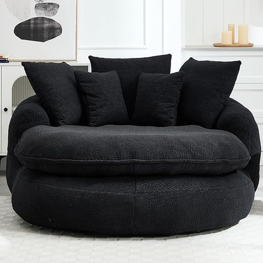 KEIKI 71 Chenille Round Boneless Sofa Couch Oversized Chaise Lounge Chair Couches Indoor No Assembly Required Floor Lazy Bean Bag Modern Sleeper Sofa Bed for Living Guest Room &amp Bedroom Black