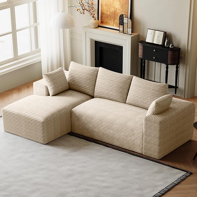 Modular Sectional Sofa Cloud Couch 107 Comfy L Shaped Sectional Couches for Living Room Modern Deep Seat Cozy Fluffy Corduroy Boneless Couch Sectionals Sofa with Chaise (Left Facing Beige)