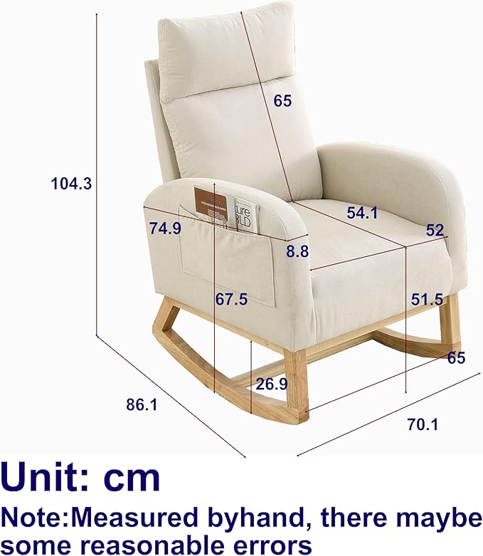 27.6 Inch Wide Modern Large Rocking Chair for Adults Oversized Rocker Chair with High Backrest Portable Rocking Chairs for Living Room Lounge Gentle Rocking Armchair with Side PocketsBeige-Teddy
