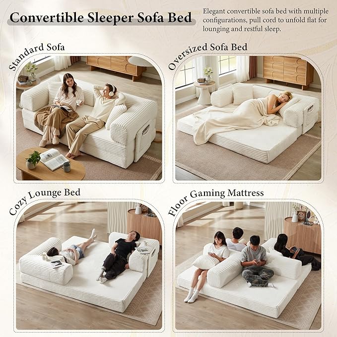 Boneless Couch Folding Couches for Living Room Sofa Futon Sofa Bed with Sleeper Sofa Futon Couch with Fixed-Shape Oversized Corduroy Upholstered (White 81 Inches)