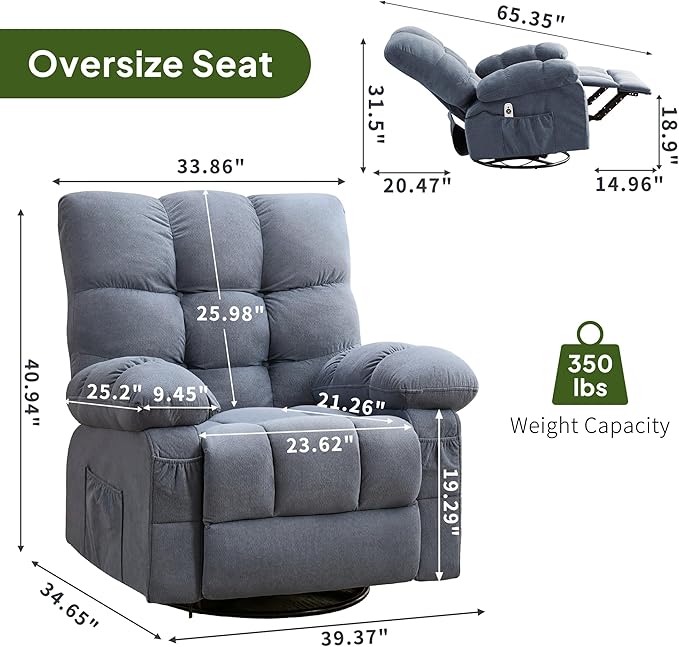 Swivel Recliner Chair for AdultsOversized Rocker Recliner with Vibration Massage and Lumbar HeatErgonomic Rocking Chair with Side PocketUSB Charge Port for Living Room