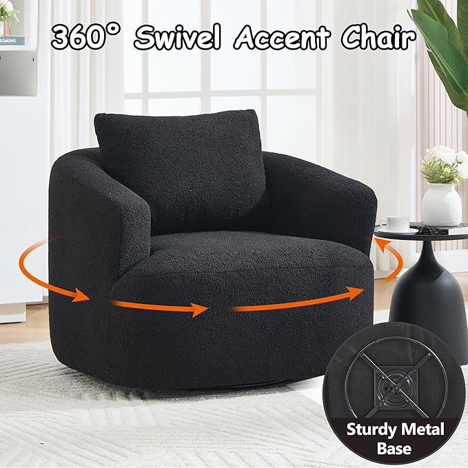 360°Swivel Accent Chair 37.4W Boneless Oversized Chair Teddy Velvet Comfy Armchair Foam &amp Spring Filling for Living Room Bedroom Apartment Office No Assembly