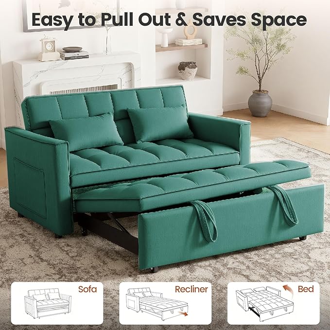Convertible Sofa Bed Pull Out Couch with Side Pockets 3 in 1 Velvet Fabric Loveseat Sleeper Sofa Bed Pull Out Couch with Adjustable Backrest for Living Room Bedroom Apartment Green
