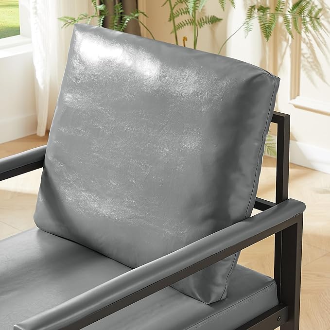 PVC Artificial Leather Armchair Retro Leisure Accent Chair with Extra Soft Padded Cushion Metal Armrests Modern Reading Arm Chair with Black Metal e for Living RoomOfficeBedroomStudy Gray