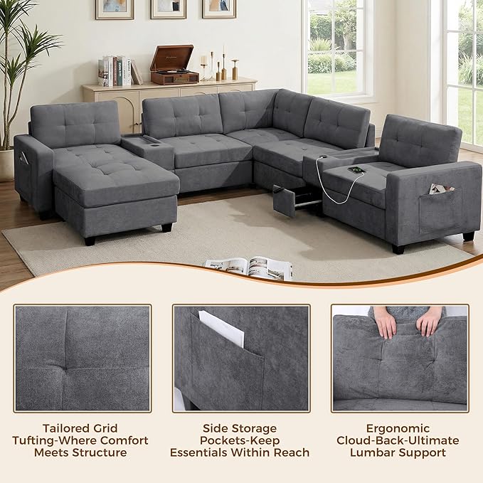103'' Modular Sectional Sofa couch with 2 Acrylic Consoles Oversized U Shaped Couch Set with USB Charger Storage DrawersPockets and Movable Ottoman Chenille Sectional Couches for Living Room Gray