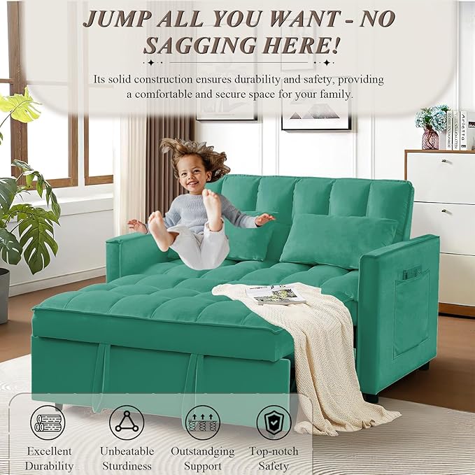 3 in 1 Convertible Sleeper Sofa Bed Futon Couches for Living Room with Side Pocket/Adjustable Backrest Velvet Upholstered Pull Out Couch Small Loveseat Sofa Bed for Bedroom Office Small Spaces