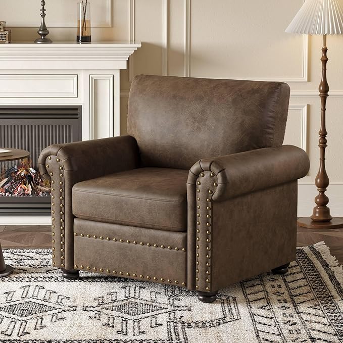 ONBRILL Nailhead Trim Accent Chair Faux Leather Club Chair for Living Room Comfy Armchair with Springs Cushions &amp Solid Wood Legs Traditional Rolled Arms Single Sofa for Bedroom Apartment Bro