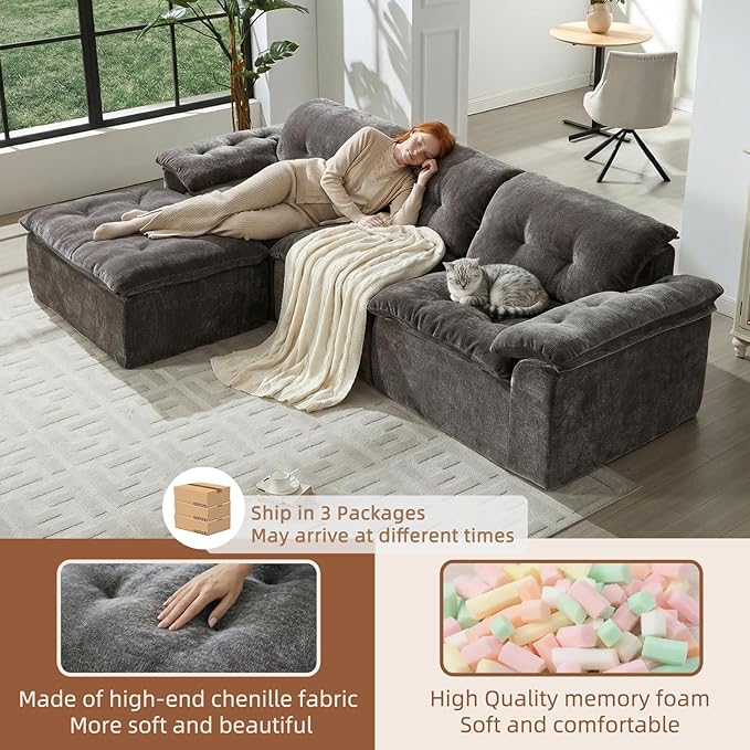 118” Cloud Sectional Couch Deep Seat Boneless Sofa for Living Room with L-Shaped Chaise Comfy Chenille Modular Sectional Sofa Made of Memory Foam No Assembly Required (Grey)