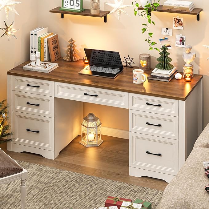 Vabches Farmhouse Executive Desk Wood Home Office Desk with 2 Large File Drawers and 5 Storage Cabinets Rustic Writing Desk for Work and Study Brown