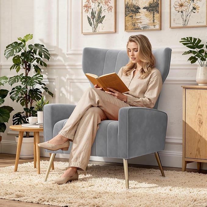 Gary Velvet Accent Chair Set of 2 Wingback Chair for Living Room High Back Arm Chair with Golden Legs Lumbar Pillow Upholstered Single Sofa Bedroom