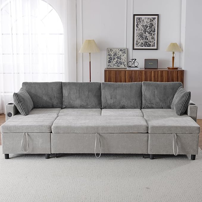 Merax Pull-Out Sofa Bed Sleeper Pull Out Sectional Couch with Storage USB Cup Holder for Living Room Apartment Gray