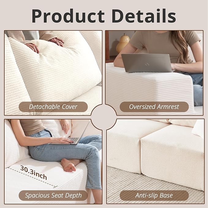 108 L-Shaped Boneless Couch High Seat Modular Sectional Sofa with Moveable Ottoman Corduroy Cloud Couches for Living Room No Assembly Ship in a Box White