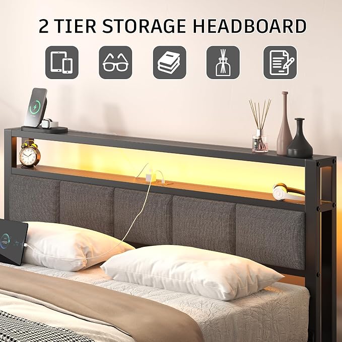 Full Size Bed Frame with LED Lights and Charging Station Wood Storage Headboard with 2-Tier Shelves Heavy Duty Metal Slats No Box Spring Need Noise Free Easy Assembly Light Grey