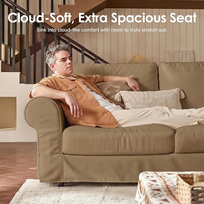 Loveseat Cloud Couch with Ottoman for Living Room Oversized 81.9 Farmhouse Comfy Slipcoverd Sofa with Rolled Arms Washable Couches with Deep &amp Wide seat Easy Assmably Khaki