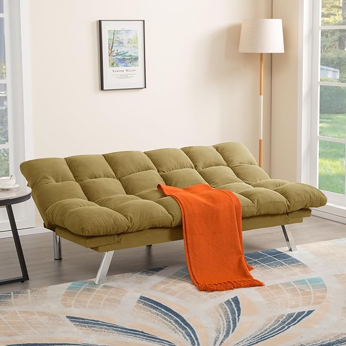 67” Convertible Futon Couch Bed Adjustable Pillow Top Arm Memory Foam Cloud Futons Loveseat Modern Light Gray Corduroy Mini Small Sofa Couches for Living Room