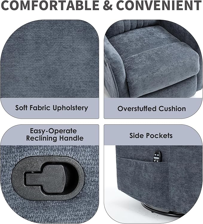 Swivel Rocker Recliner Chair 360° Swivel Recliner with Heat and Massage Rocker Recliner Nursery Glider Chair with Side Pockets for Living Room (Dark Blue Fabric)