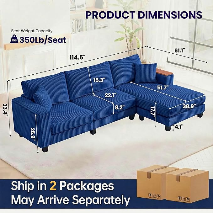 114 Cloud Sectional Couch with L-Shape Reversible Chaise Modern Corduroy L Shaped Couch with 2 Pillows &amp Storage Armrests 4 Seater Sectional Couches for Living Room Plush Corduroy Blue