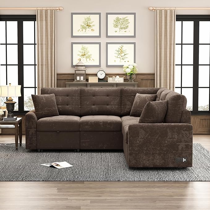 82.6 L-Shape Sofa Bed with Wheels Pull-Out Sleeper Sofa with USB Ports and Power Sockets Multifunctional Convertible Sectional Sofa Set for Living Room Bedroom (Brown-11x)