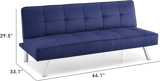 Serta® Rane 66.1 Convertible Futon Sofa Short Twin Size Modern Transitional Tufted Back and Seat Cushion Dream Coil® Comfort Fingerguard® Pinch Point Protection Woven Fabric Navy Blue