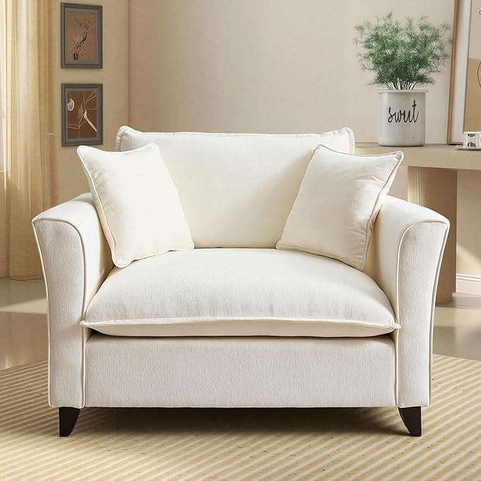 ERYE 46.9 Chenille Upholstered Accent Chair Wide Seat for Living Room Bedroom Modern Leisure Cushion Armchair W/ 2 Pillows and Removable Cover for Home Apartment Office