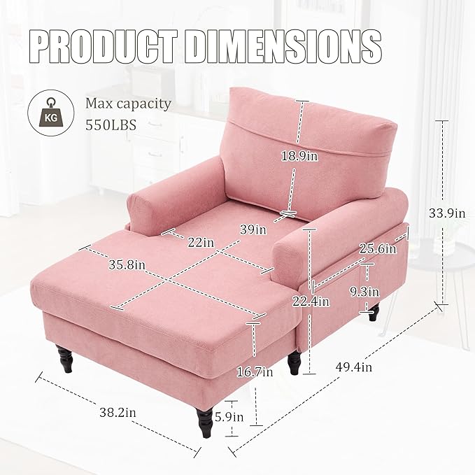KEIKI Chaise Lounge Chair Indoor Oversized Accent Chenille Armchair with Storage Leisure Sleeper Single Sofa Side Chair Corner Recliner Arm Chairs for Living Room Reading Easy Assembly Pink
