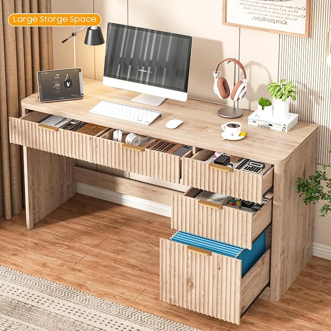 59 Fluted Executive Desk with Adjustable File Drawer Workstation Computer Desk with 4 Storage Drawers for Home Office
