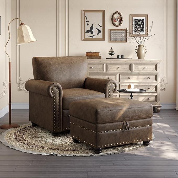 ONBRILL Nailhead Trim Accent Chair Faux Leather Club Chair for Living Room Comfy Armchair with Springs Cushions &amp Solid Wood Legs Traditional Rolled Arms Single Sofa for Bedroom Apartment Bro