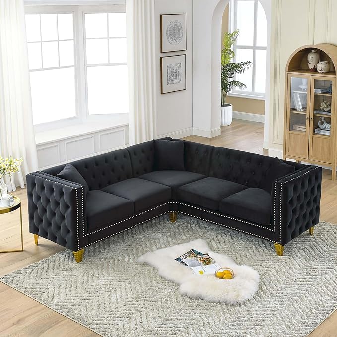 Antetek L Shaped Couches for Living Room Modern Button Tufted Velvet Sofa Couch with Square Armrests Inlaid with Gold Nail Heads Upholstered Corner Sofas for Living Room Office Apartment Black