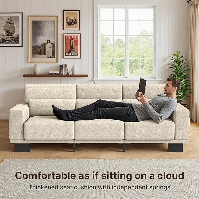 Gizoon 89 Inch Modern Sofa 3-Seater Chenille Couch with Wide Armrests &amp Deep Cushions for Living Room Bedroom and Apartment Beige