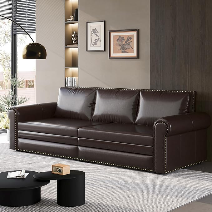 93.7 Faux Leather Convertible Sleeper Sofa 3 in 1 King Size Pull Out Sofa Bed Oversized Loveseat Couch for Living Room Bedroom Dark Brown