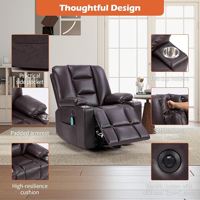 CANMOV Leather Power Lift Recliner Chair for Elderly Lift Chair Single Sofa with Massage and HeatingElectric Lift Recliner with Cup Holders USB Port for Living RoomDark Brown