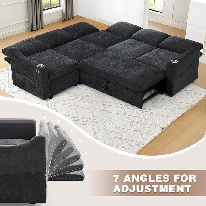 84 Chenille Modular Sleeper Sofa with Adjustable Backrests Convertible Corner Sofa with USB Ports L-Shape Sectional Couch with Pull-Out Bed &amp Storage Space for House Living Room Black