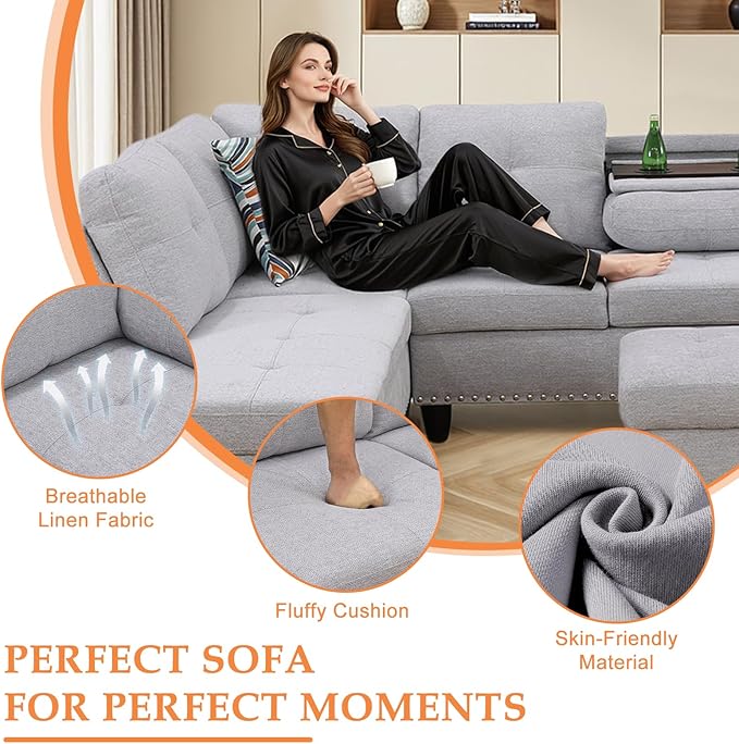 Wakefit Sectional Sofa Couch Modern 4-Seaters Living Room Furniture Sets with Chaise Lounge Ottoman &amp 2 Pillows | L Shape Couch | Cup Holder | Linen Fabric Light Gray