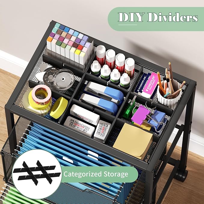 Rolling File Cart with 2 Drawers Under Desk Storage Cabinet with DIY Divider Letter/Legal Mobile Filling Cabinet on Wheels Hanging File Folders Organizer Metal Utility Cart for Home Office Black