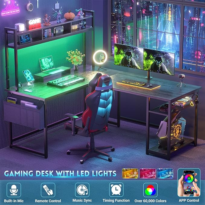 Aheaplus L Shaped Gaming Desk 59 Gaming Desk with Power Outlet and Led Lights Reversible L Shaped Computer Desk with Hutch &amp Monitor Stand Home Office Desk L Shaped Corner Desk Black Oak