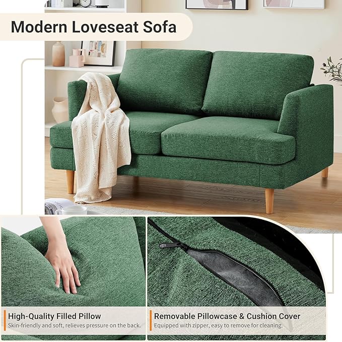 Loveseat Sofa 56 Mid Century Modern Small Couches for Small Spaces Love Seat with 2-Seat Upholstered Cushion Sofa Couches for Bedroom Living Room Apartment Office (Green)