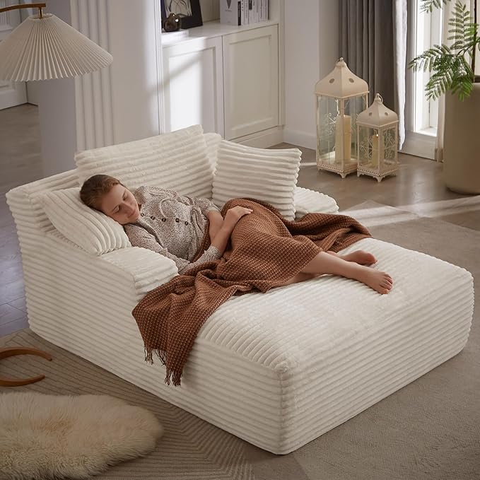 49.2 Oversized Chaise Lounge Chair Deep Seat Upholstered Cozy Cloud Couch Modern Corduroy Floor Sleeper Sofa Bed Reading Chair for Living Room Bedroom Apartment Office Indoor White