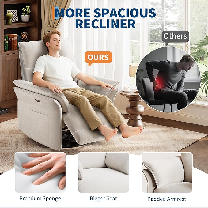 GarveeHome Power Recliner Chair 270 °Swivel Rocking Glider with USB Charging Port Chenille Upholstered Fabric and Double-Layer Armrests Nursery Chair for Living Room Nursery (Off White)