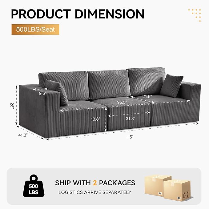 115'' Comfy Boneless Couch Upholstered Deep Seat Modular Cloud Sofa No Assembly Corduroy Compression 3 Seater Sofa Couch for Living Room Grey