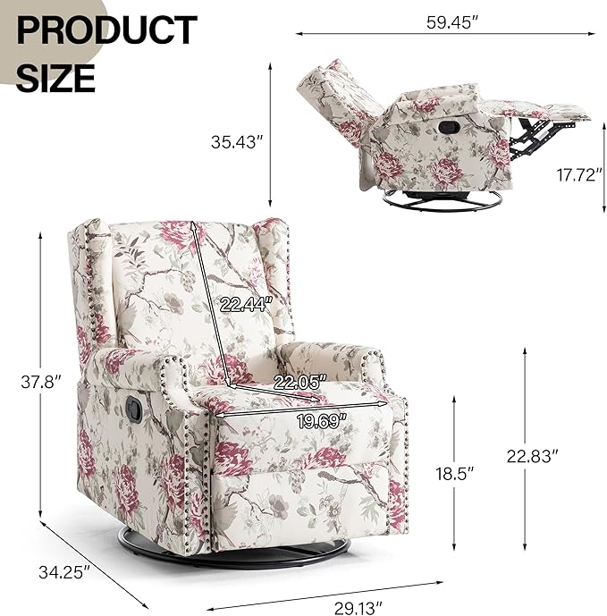 Swivel Rocker Recliner Chair Manual Nursery Glider Recliner Floral Fabric Wingback Accent Chair with Adjustable Backrest &amp Footrest for Small Spaces Living Room Bedroom (Plants Floral Set of 2)