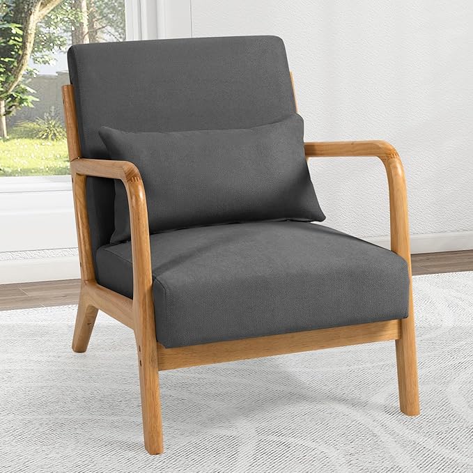 Mid-Century Modern Linen Accent Chair with Solid Wood Arms for Living Room