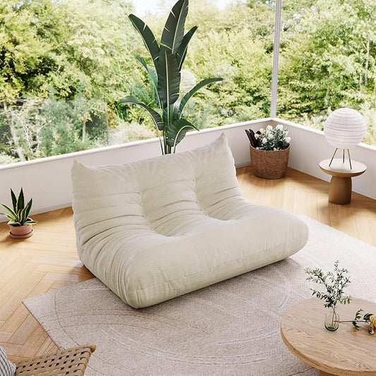 Lazy Floor SofaSoft Corduroy LoveSeat SofaMinimalist CouchesCorner Relax Sofa Couch for Living Room Apartment Home Bedroom Office Floor Lounge(2 SeatWhite)